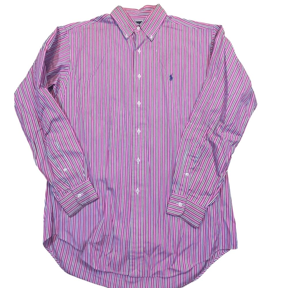 Ralph Lauren Classic Fit Pink Stripe Button Down Shirt Men 15.5 Medium‎ Preppy